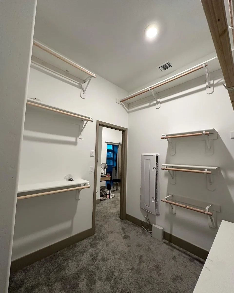 Custom walk-in closet shelving.