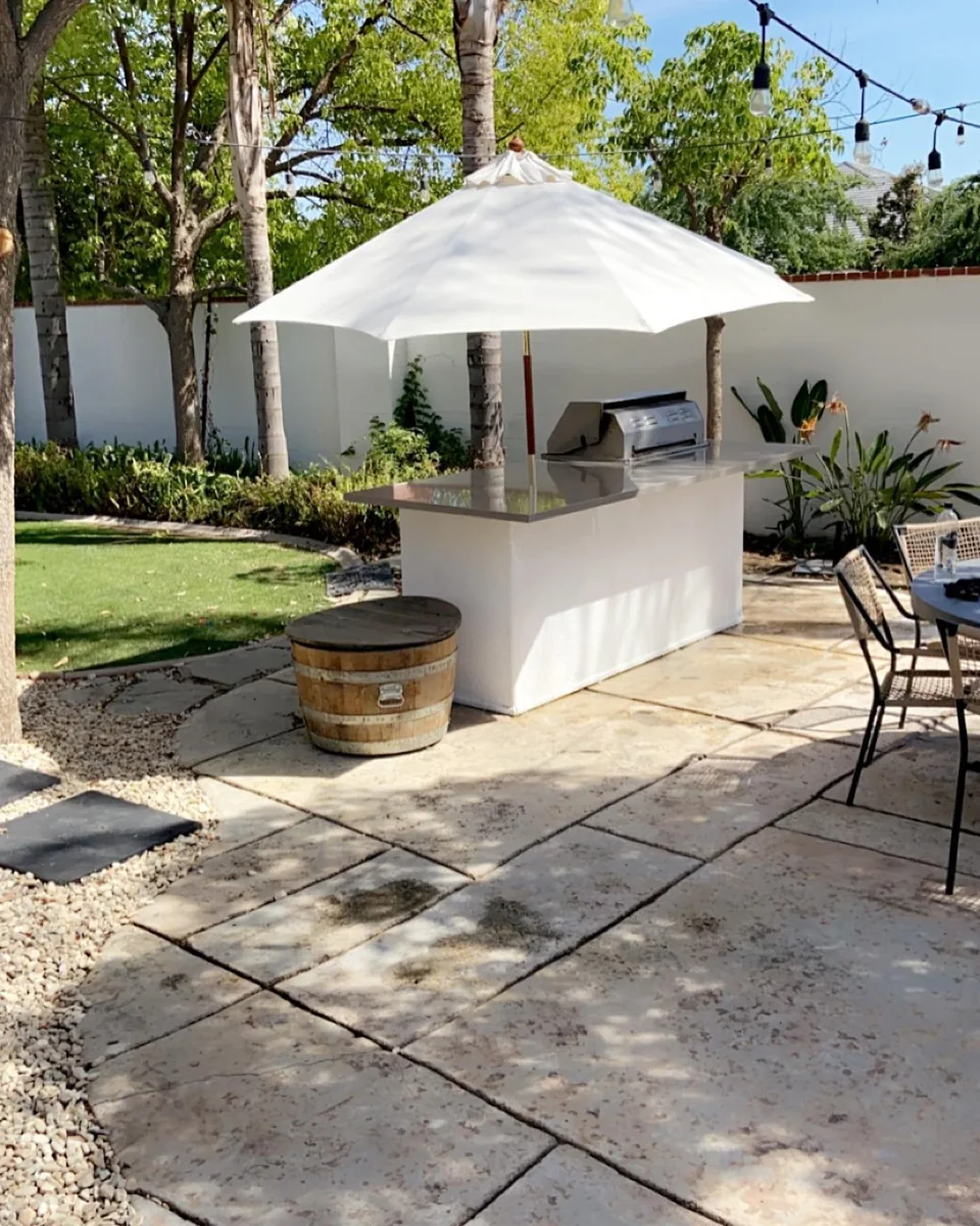 Outdoor kitchen and stone counter area.